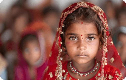 Portrait of a young Indian girl in a red headscarf.